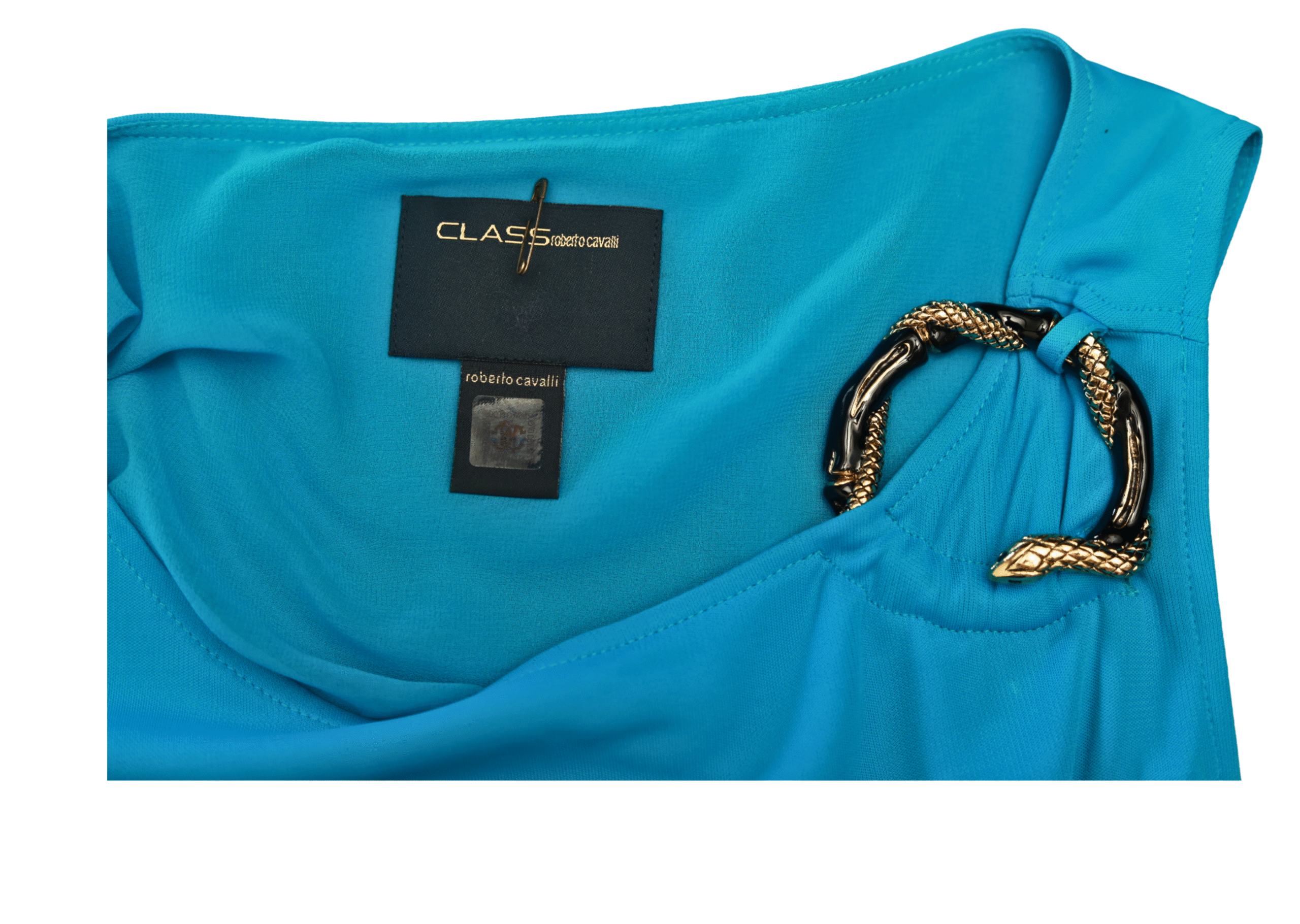 ROBERTO CAVALLI Class Blue Brooch Detail Asymmetric One Shoulder Dress - Image 4