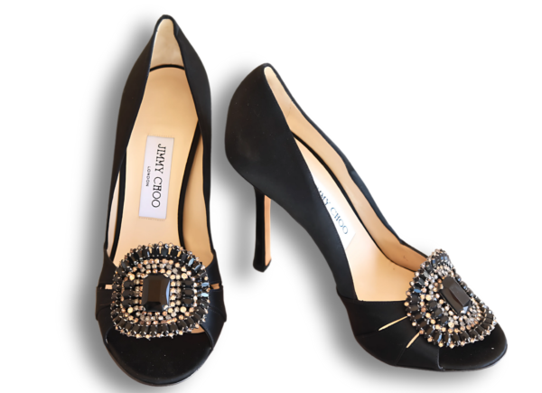 Jimmy Choo Black Satin and Crystal embellished Heels