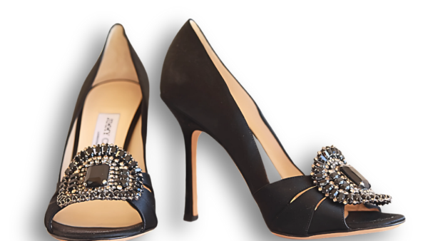 Jimmy Choo Black Satin and Crystal embellished Heels - Image 2