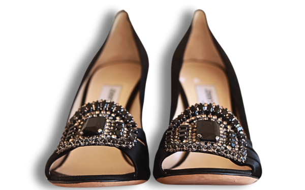 Jimmy Choo Black Satin and Crystal embellished Heels - Image 6