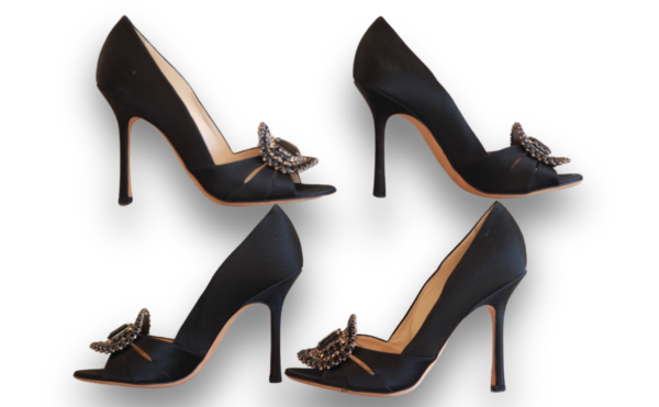 Jimmy Choo Black Satin and Crystal embellished Heels - Image 5