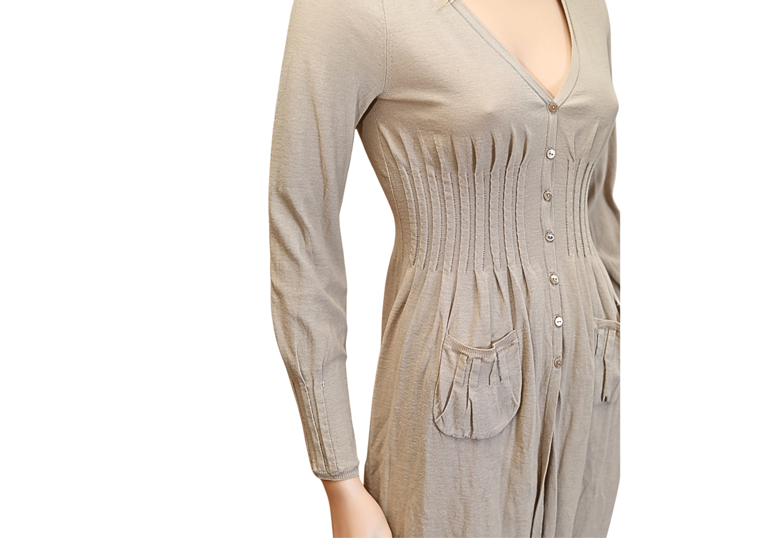 PAULE KA 100% Cotton Long Sleeve Nude Dress - Image 3