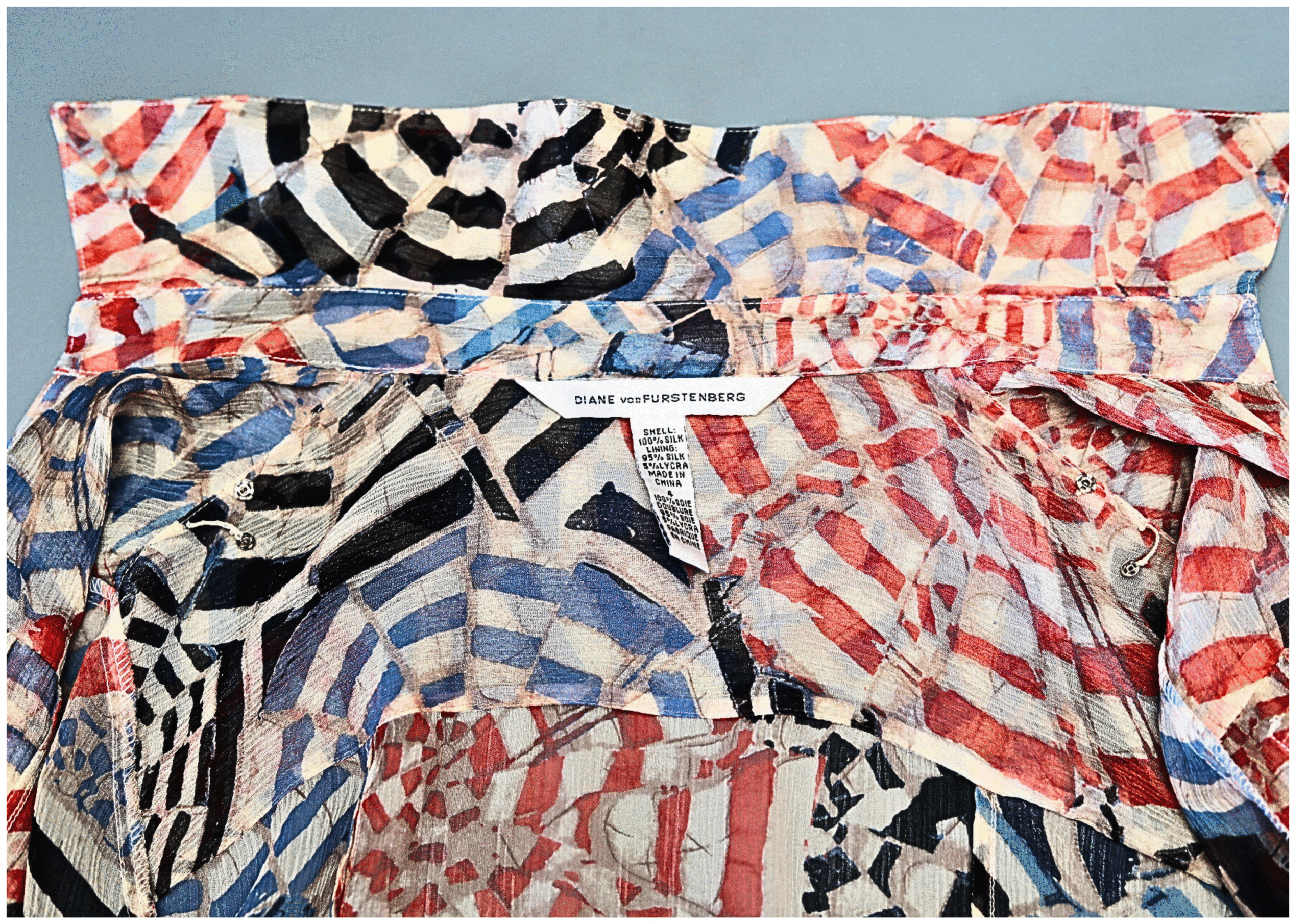 DVF Silk Geometric Print Long Sleeve Wrap Cocktail Dress - Image 8